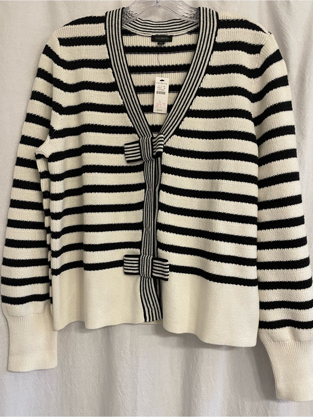 Talbots Black and White Striped Bow-Front Cardigan, size Large. NWT.